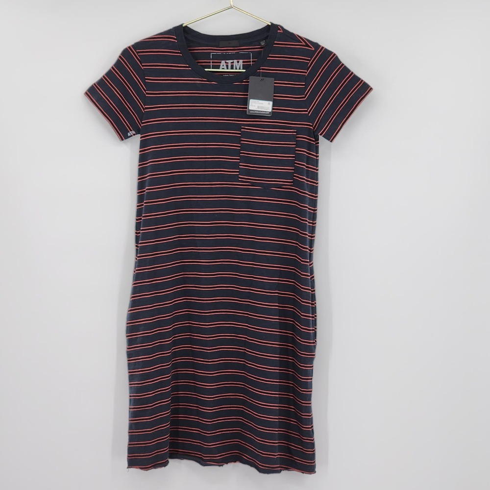 ATM Stripe Jersey T-shirt Dress In Pavement/ Cedar Combo Size XS NWT